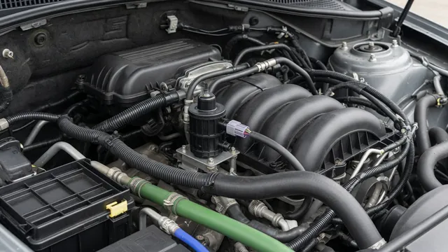 EVAP purge valve and vapor hoses in an engine bay with the engine off