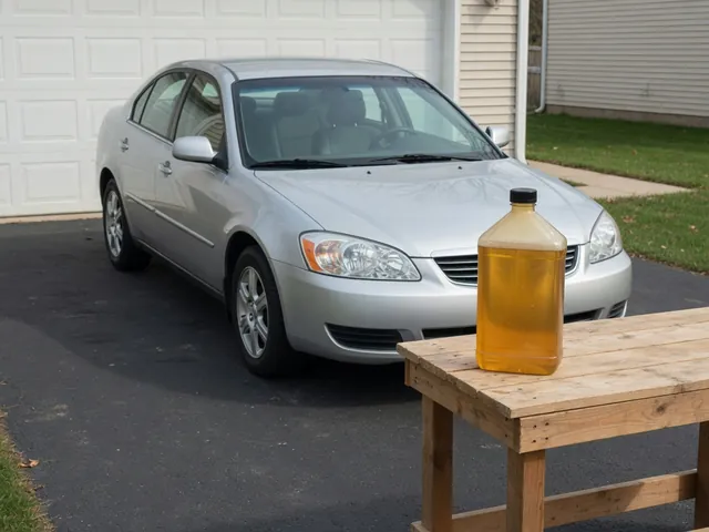 Fuel stabilizer bottle beside a parked car prepared for storage