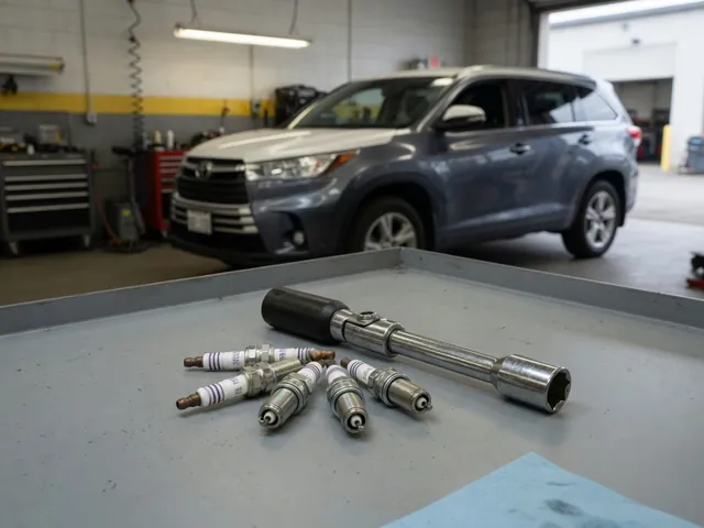 Spark plugs and a socket arranged on a clean workbench beside a Toyota Highlander