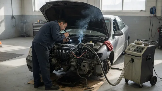 Automotive smoke machine beside an open engine bay during a professional leak inspection