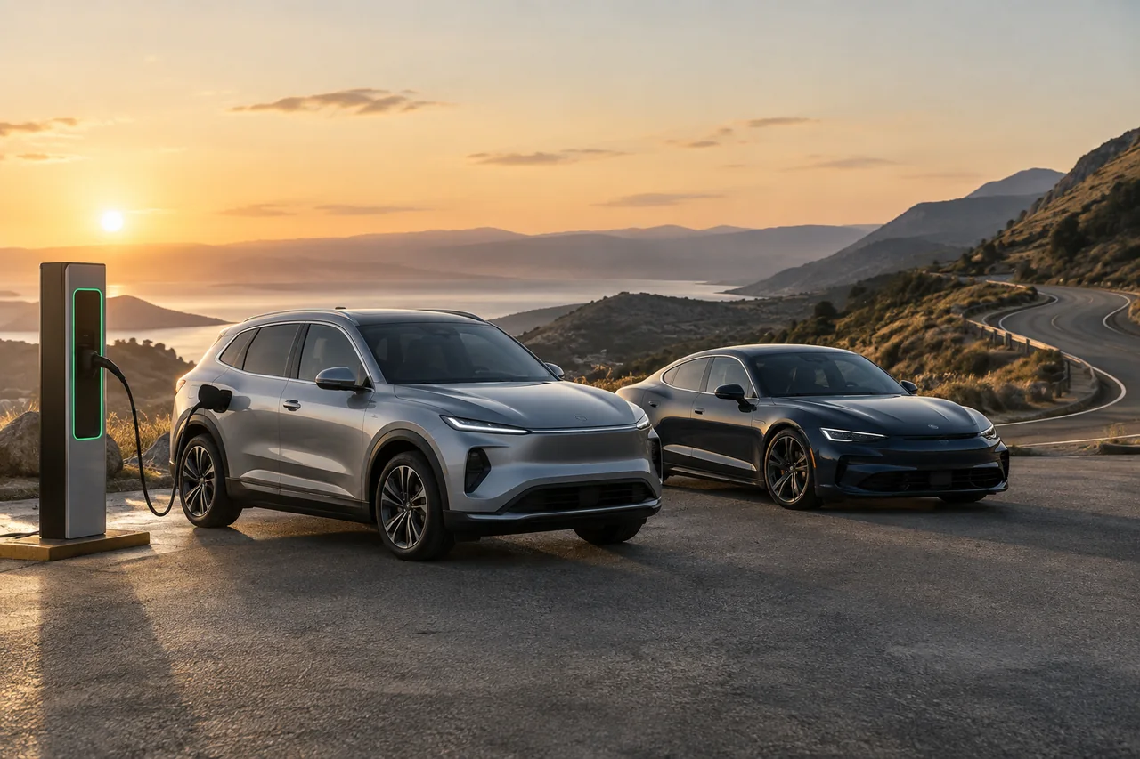 Illustration of an electric SUV and sports sedan beside a battery range display