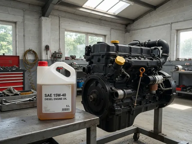 Unbranded jug labeled SAE 15W-40 beside a closed diesel engine oil filler cap