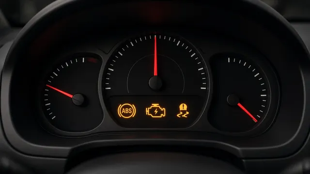 Illustrated dashboard showing illuminated ABS, check engine, and traction control warning symbols.