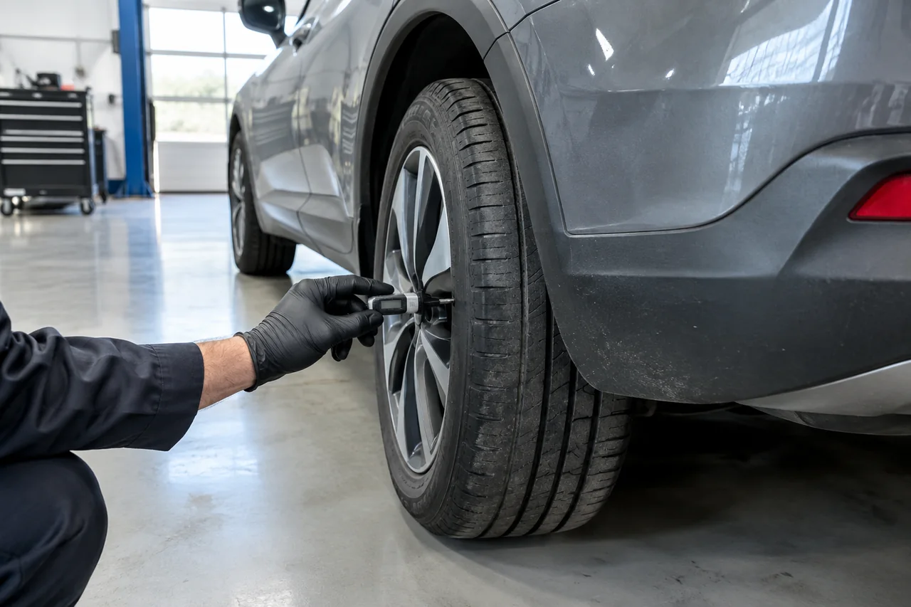 Technician measuring tread depth on an electric SUV rear tire with visible wear on the inner edge
