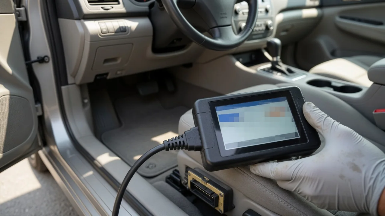 Handheld OBD-II scanner plugged into a car's diagnostic port under the dashboard to read a trouble code