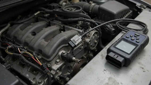 Crankshaft position sensor and wiring connector in an engine bay, with an OBD-II scan tool nearby