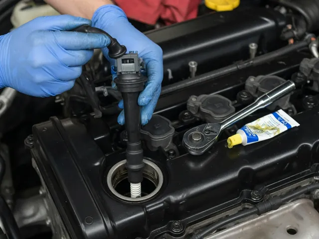 Gloved hands removing a coil-on-plug ignition coil from an engine with a ratchet and dielectric grease nearby