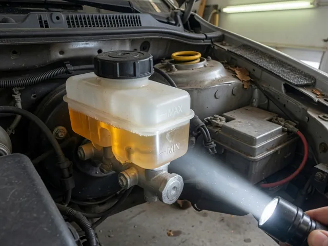 Brake fluid reservoir with visible MIN and MAX markings during an underhood inspection