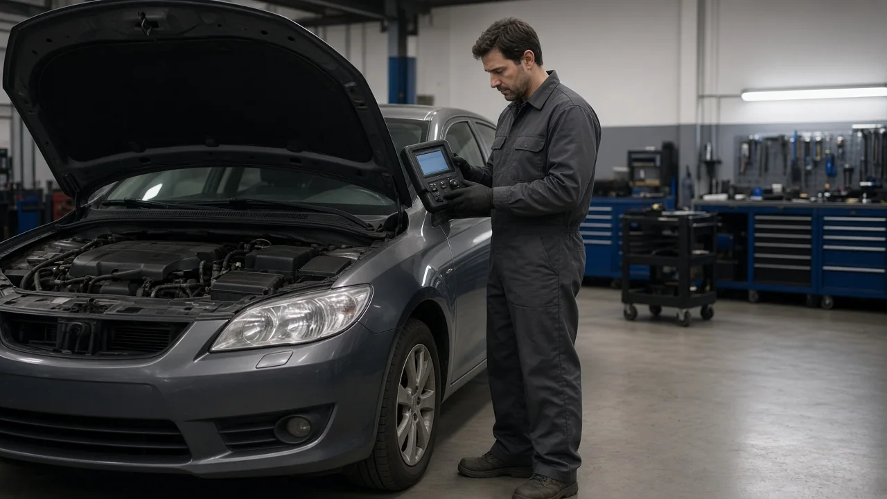 Car in a repair shop with its hood open and AC diagnostic equipment nearby