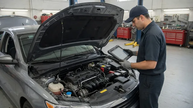 Technician reviewing fuel pressure diagnostic data beside an engine with its fuel system intact