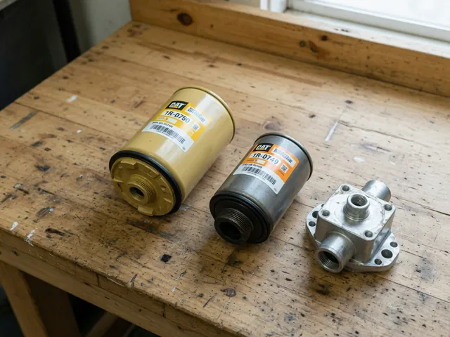 Illustration of two labeled Cat fuel filters beside a separate fuel filter adapter on a workbench.