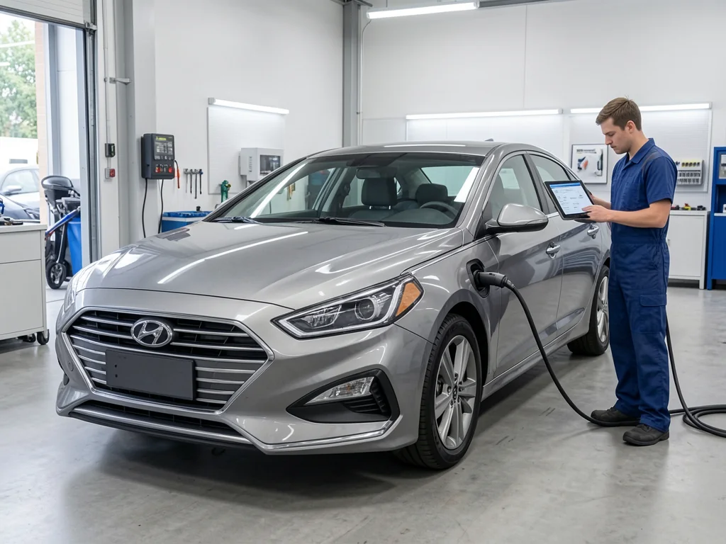 Hyundai Sonata Hybrid parked at a service center for a hybrid battery assessment