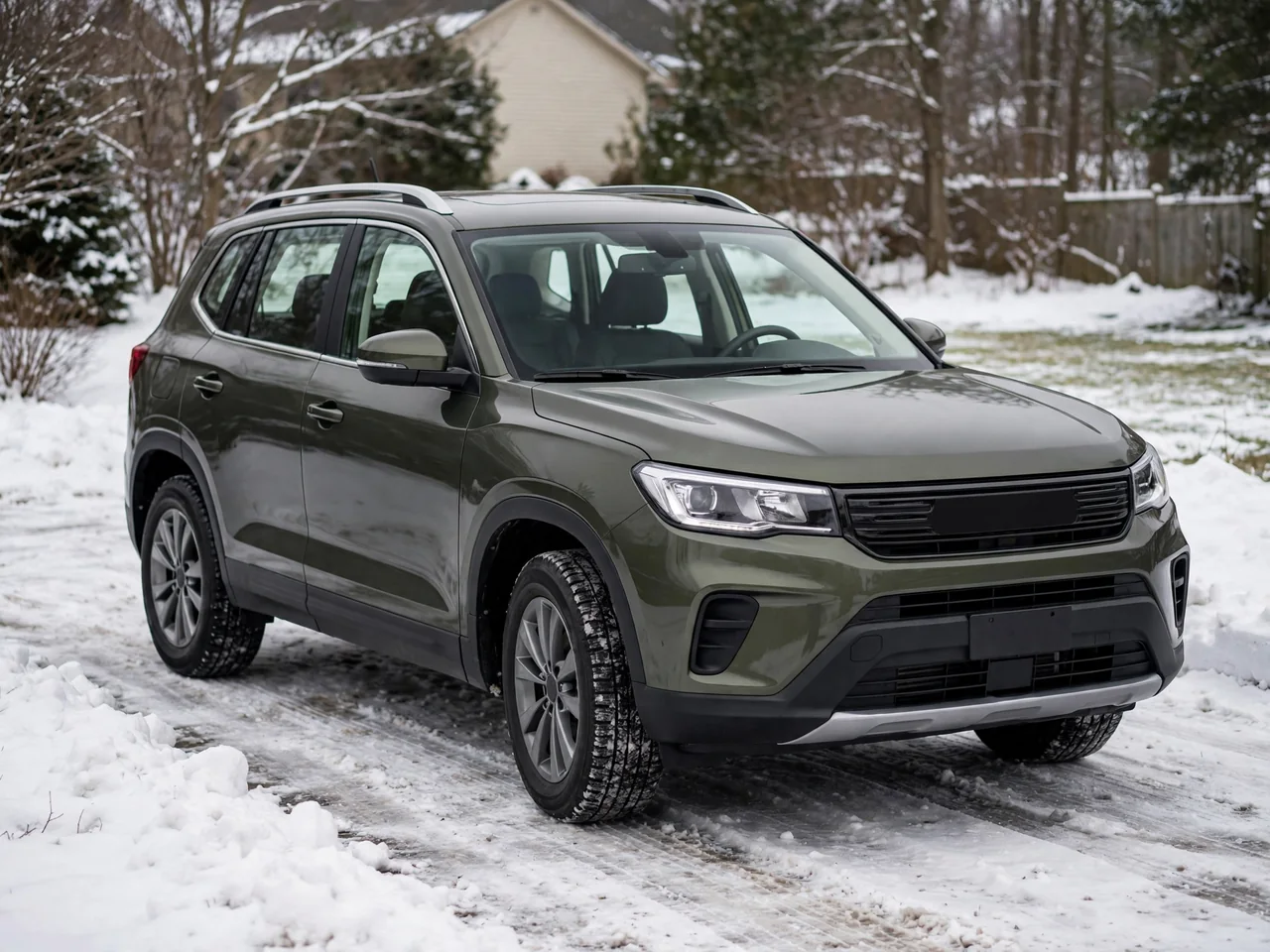 SUV parked on a plowed snowy driveway with visible tire tread and clear windows
