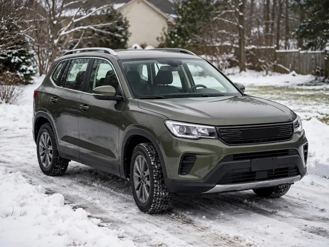 SUV parked on a plowed snowy driveway with visible tire tread and clear windows