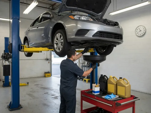 Technician performing an oil change on a sedan raised on a lift in a service bay with a drain pan and fresh oil nearby
