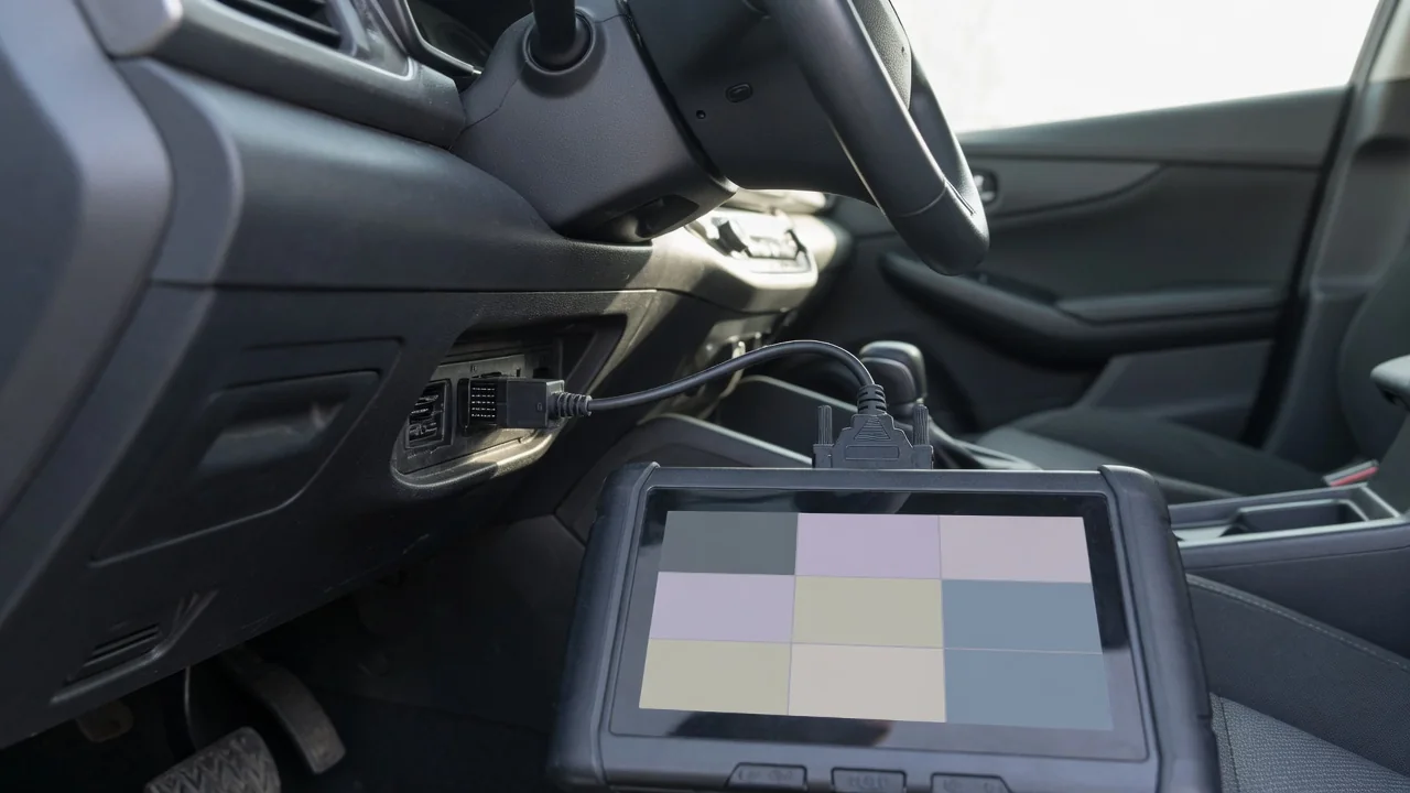 OBD-II scanner connected under a car dashboard showing trouble code P1568