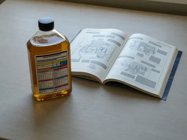 Engine oil bottle beside a BMW owner's manual, with viscosity and approval details highlighted