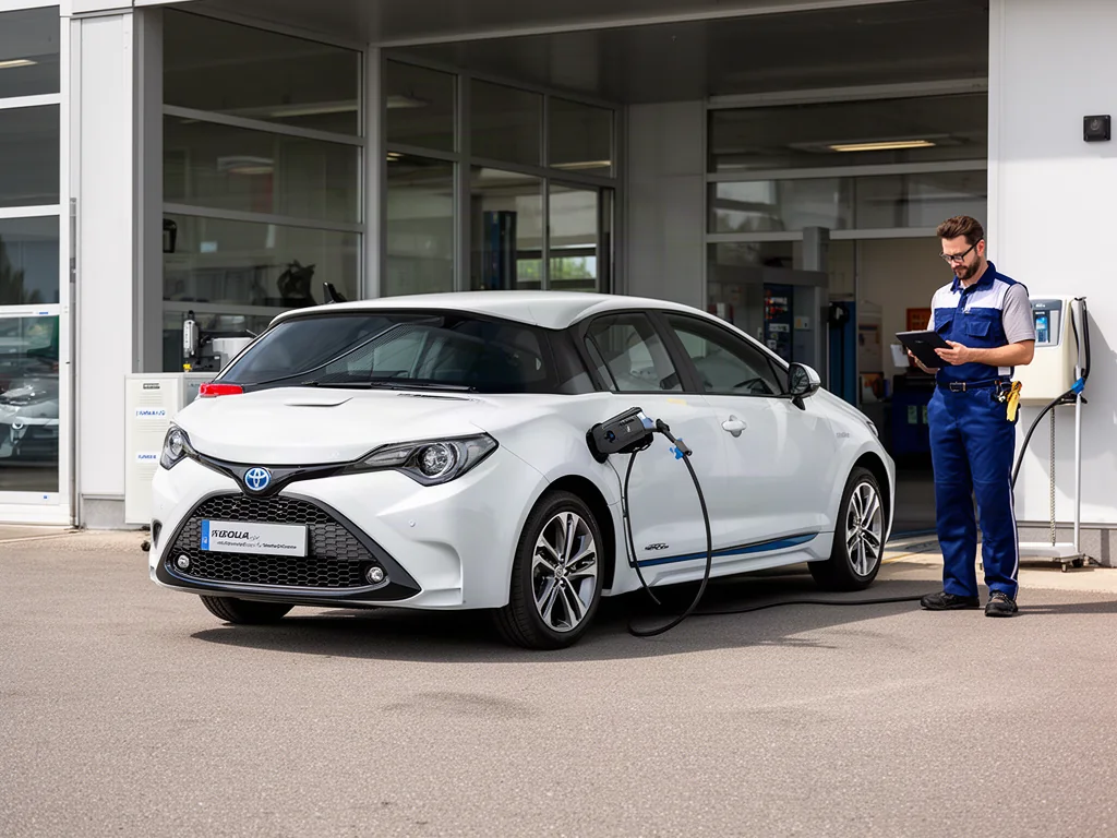 Toyota Corolla Hybrid parked outside an automotive service center for a battery assessment