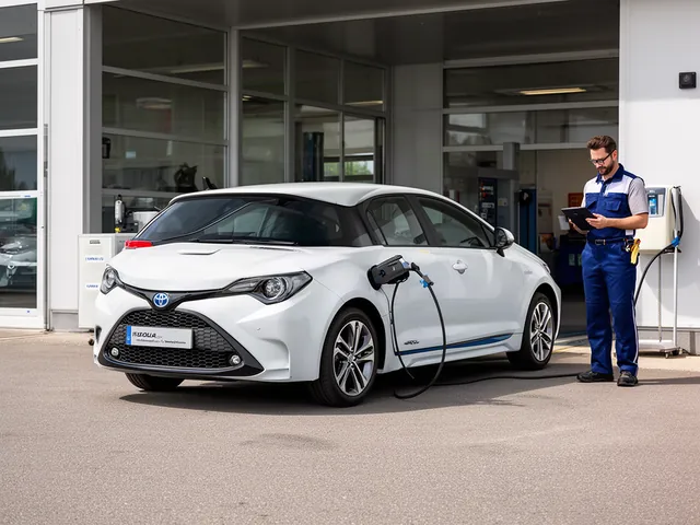 Toyota Corolla Hybrid parked outside an automotive service center for a battery assessment
