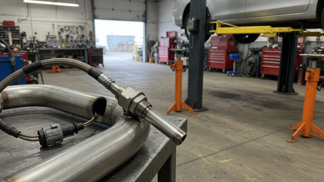 Exhaust gas temperature sensor and wiring on a cooled exhaust assembly in an automotive workshop