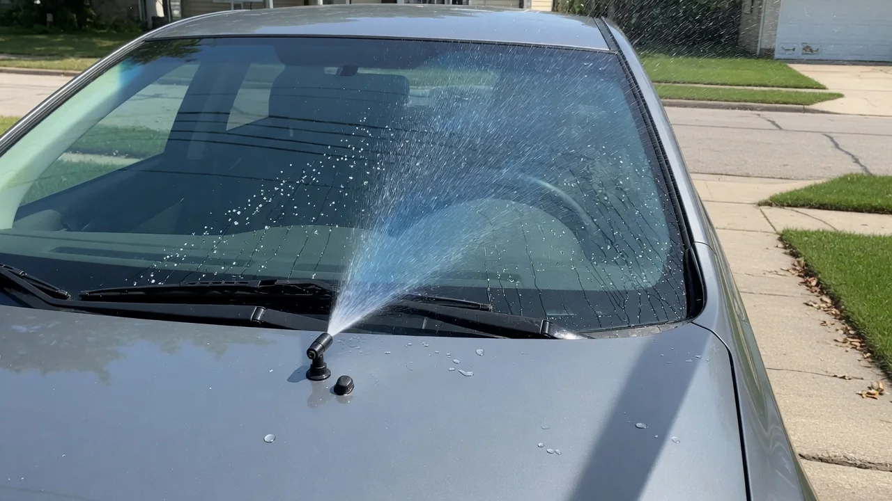 Windshield washer nozzle on a car hood with washer fluid spraying onto the glass