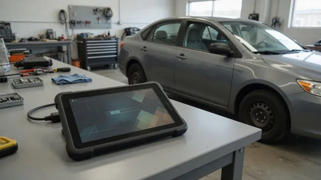 Diagnostic scanner displaying P1030 beside a parked vehicle with its engine off