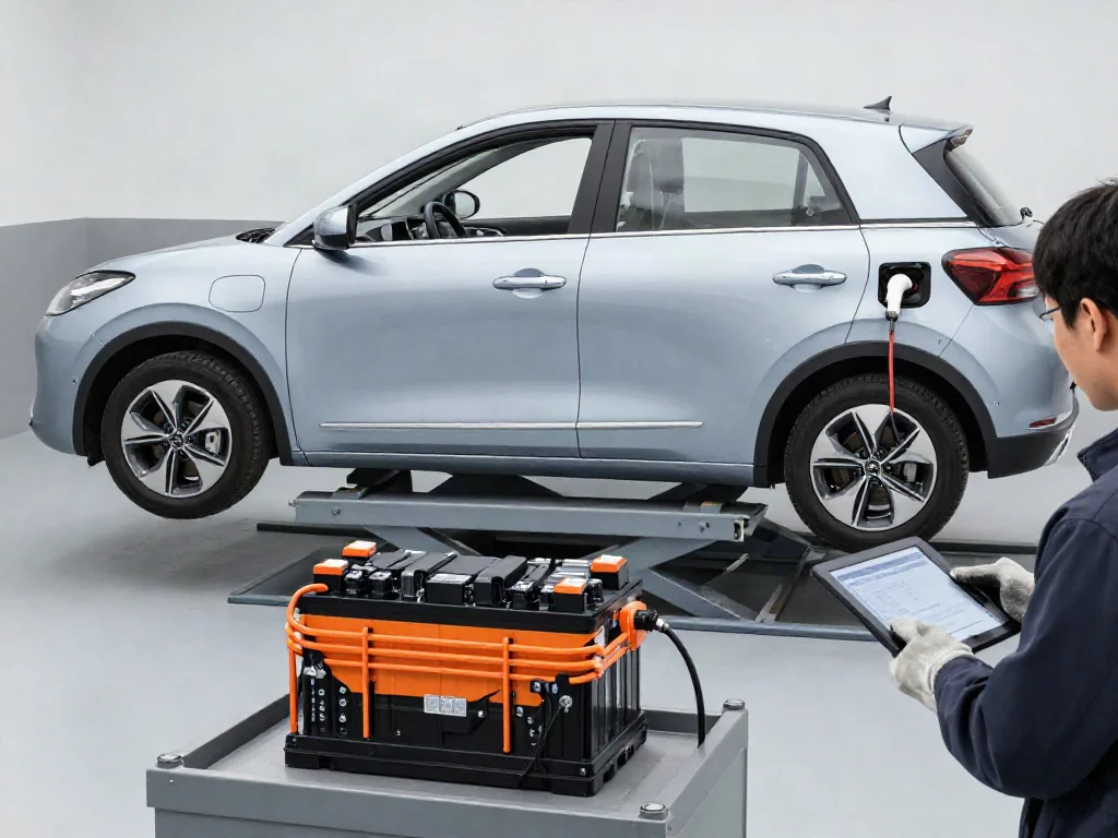 A technician in insulated gloves checks a plug-in hybrid's high-voltage battery pack on a service lift