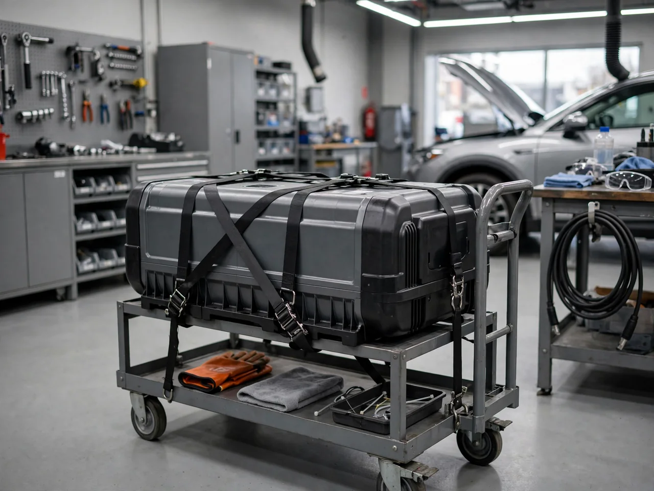 Hybrid high-voltage battery pack in a professional automotive service bay