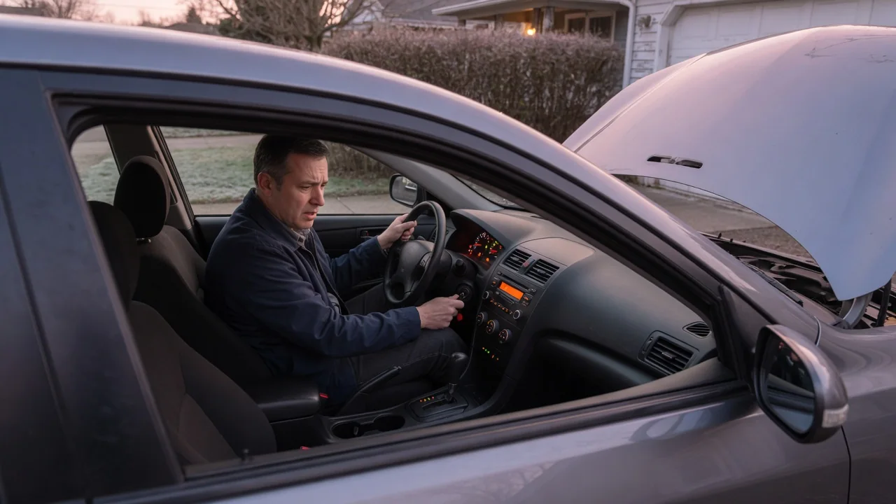 Driver turning the key in a car that will not start, with dashboard warning lights glowing in the instrument cluster
