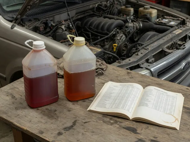 Two automatic transmission fluid bottles next to an open owner's manual fluid chart with a pickup engine bay in the background