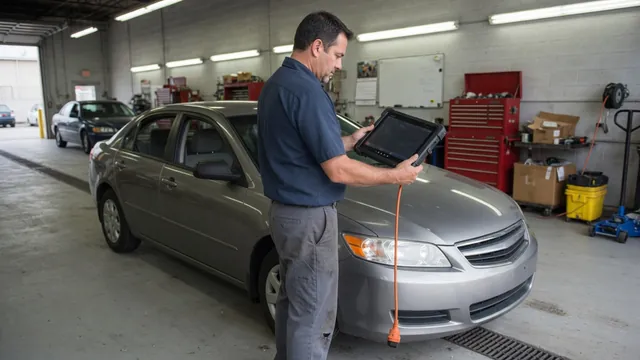 Technician reviewing transmission fault codes on a scan tool beside a parked vehicle