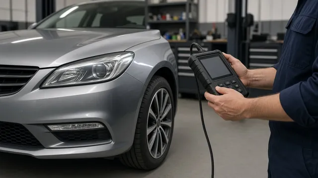 Technician reviewing diagnostic scan results beside a parked vehicle in an automotive workshop