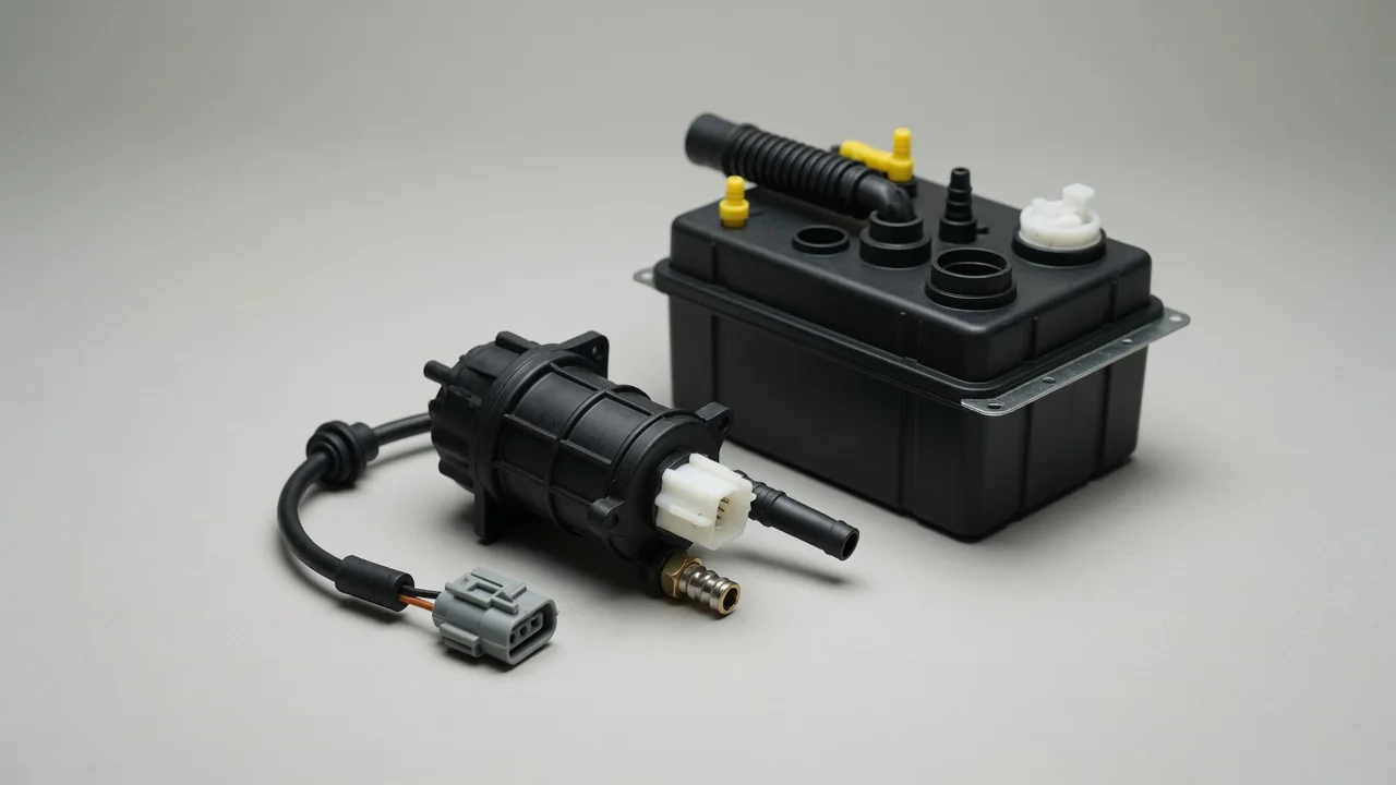 Illustration of an EVAP leak detection pump with its electrical connector and wiring harness