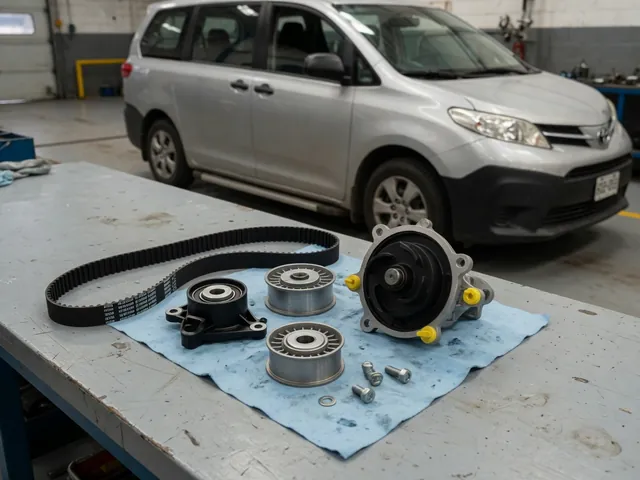 Timing belt, tensioner, pulleys, and water pump arranged on a clean automotive workbench