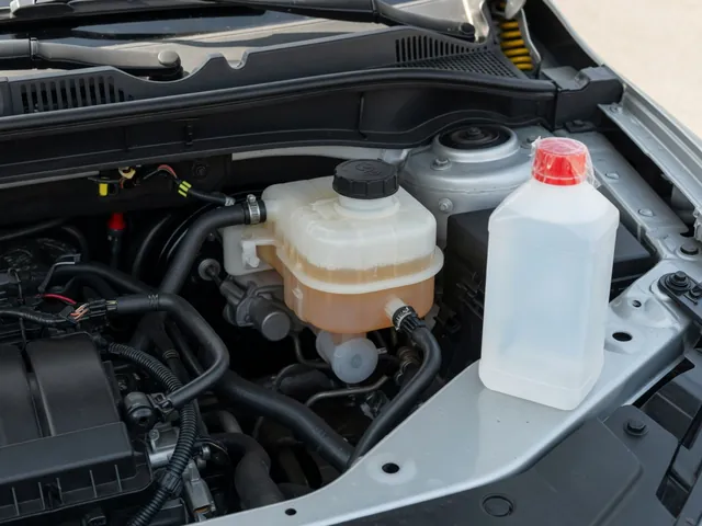 Power steering fluid reservoir and an unbranded fluid bottle in an automotive engine bay