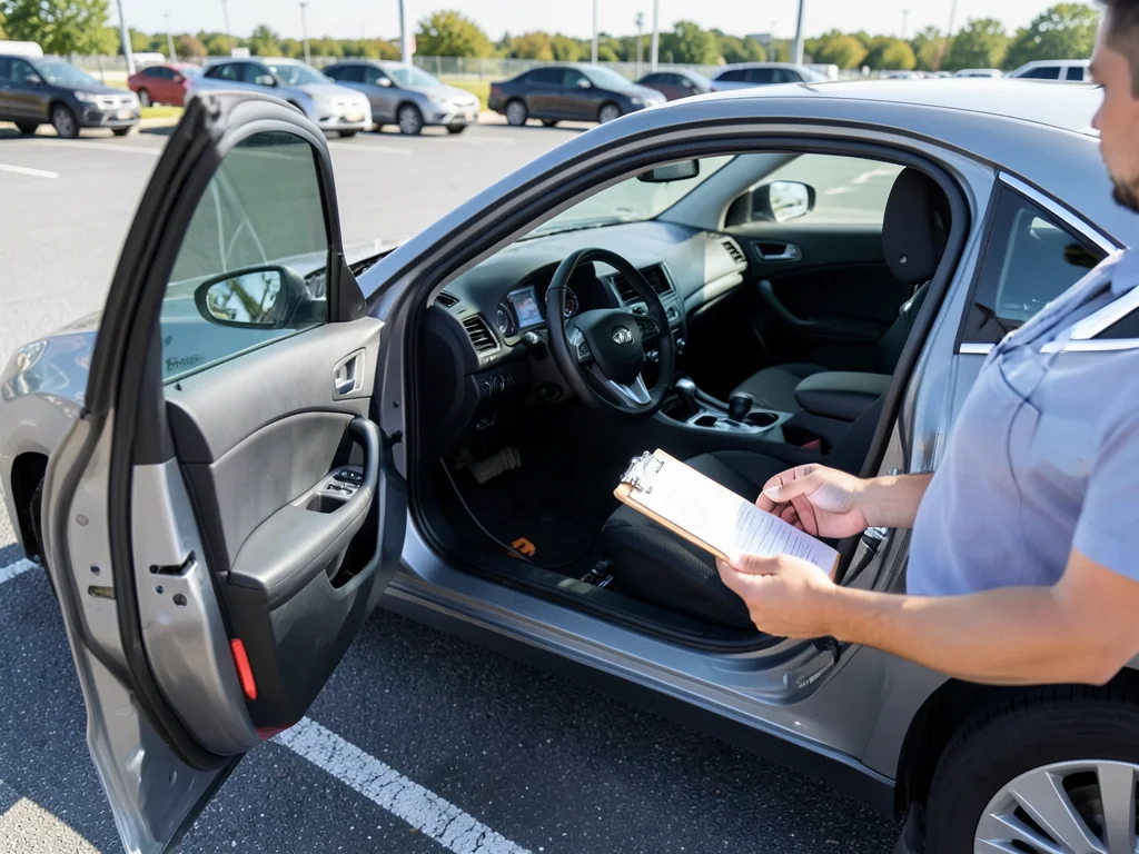 Used car buyer holding a checklist beside a parked car before a test drive