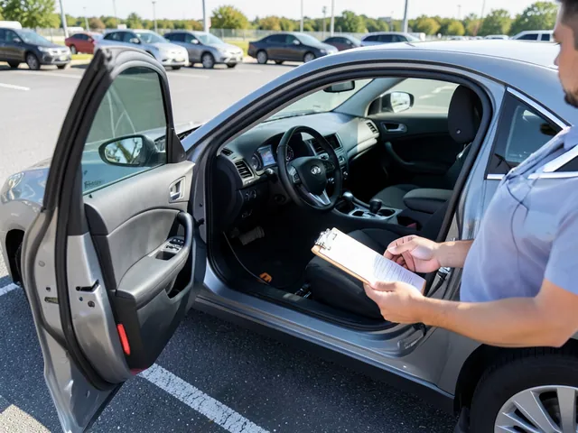 Used car buyer holding a checklist beside a parked car before a test drive