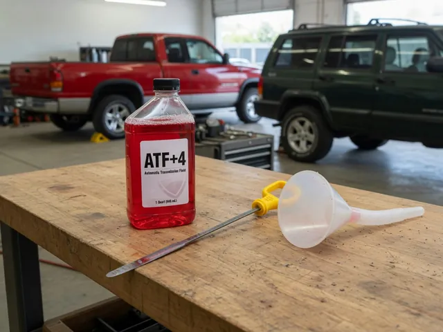Bottle of ATF+4 automatic transmission fluid with a dipstick and funnel on a garage bench, Dodge truck and Jeep blurred behind