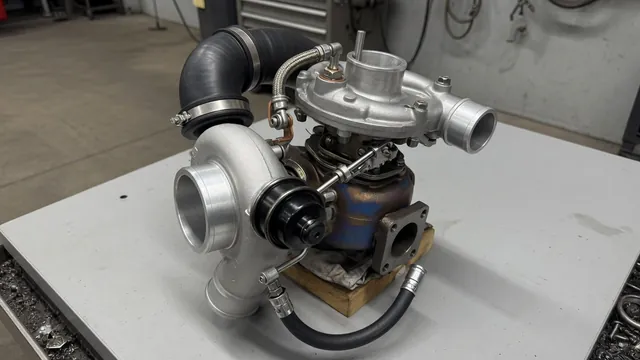 Illustration of a turbocharger with intake piping, oil connections, and a wastegate actuator