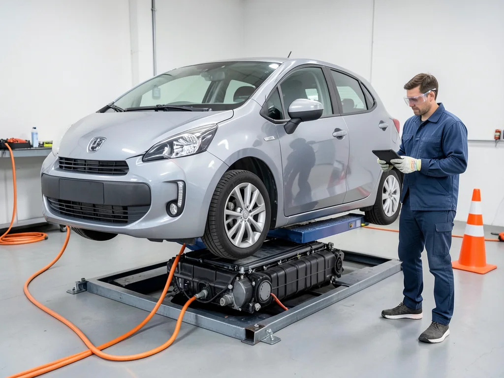 Compact electric hatchback on a workshop lift, its flat traction battery lowered beneath while a gloved technician looks on