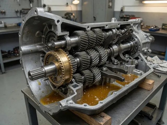 Manual gearbox cutaway showing gears, synchronizers, and lubricant inside the housing