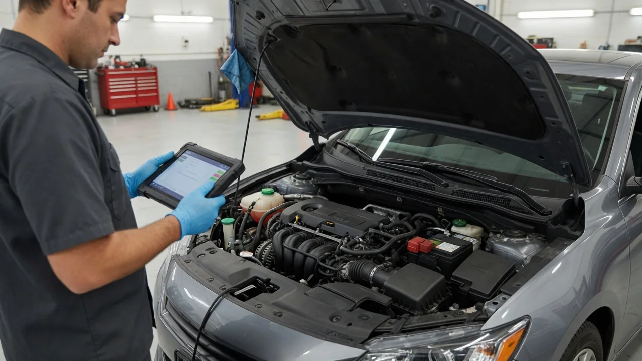 Technician reviewing diagnostic information beside a parked vehicle with a cool engine