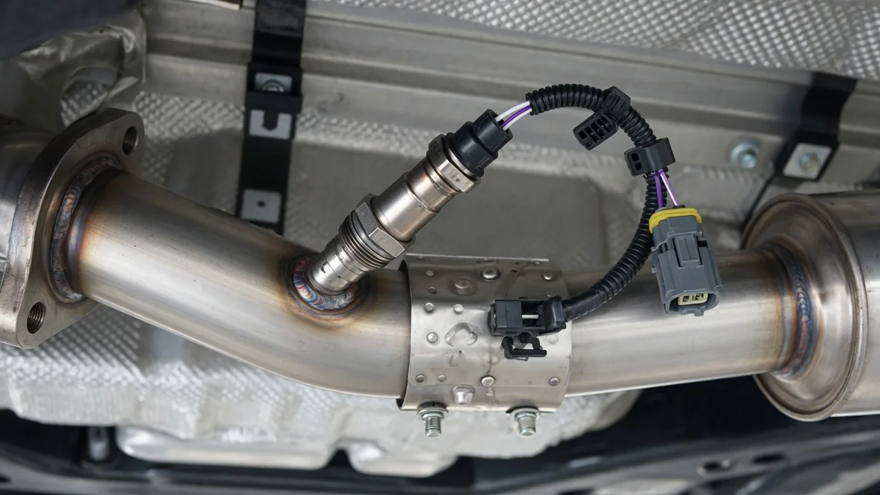 Upstream air/fuel sensor and wiring connector on a cooled engine exhaust assembly