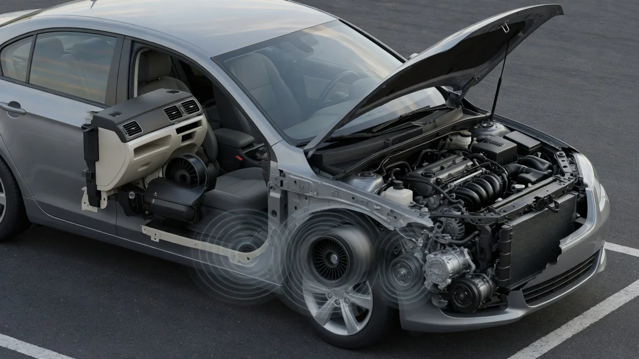 Car dashboard vents and climate controls with sound markers near the vents, glove box, and engine bay