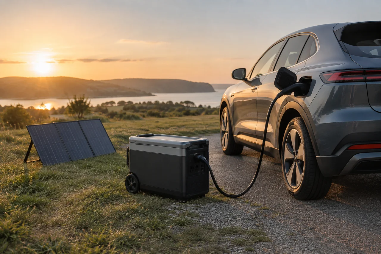 Portable battery charging unit connected to an electric car, with a folding solar panel beside the road