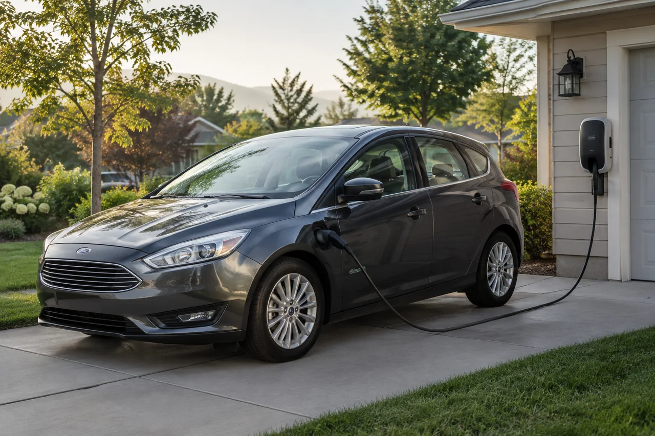 Ford Focus Electric parked beside a home charging station with its charging cable connected