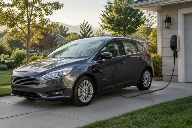 Ford Focus Electric parked beside a home charging station with its charging cable connected