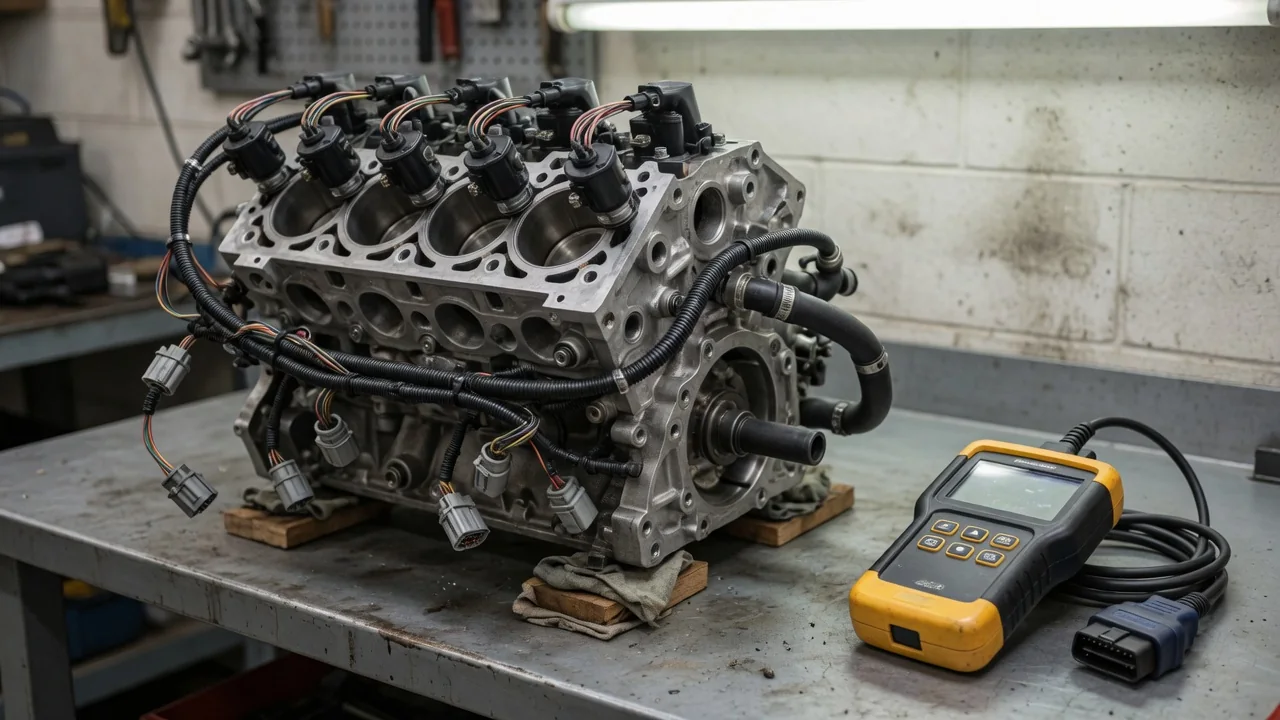 Engine illustration showing numbered cylinders, valve control solenoids, and electrical connectors