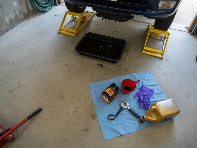 DIY oil change setup in a home garage with drain pan, new oil filter, fresh oil, funnel, and tools laid out beside a car on ramps