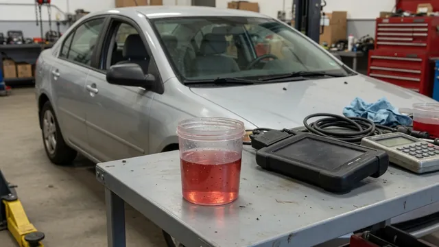 Transmission fluid sample in a clear container beside a diagnostic scanner on a clean workbench